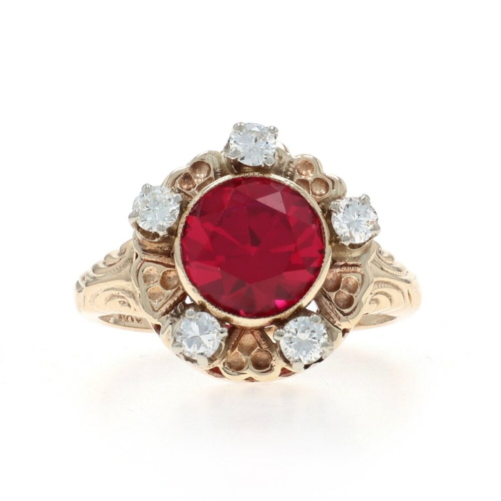 Yellow Gold Lab-Created Ruby Diamond Vintage Ring - 10k Round 2.65ctw